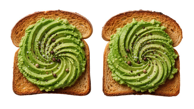 Two slices of toasted bread with creamy avocado swirl salt and pepper, isolated on transparent background