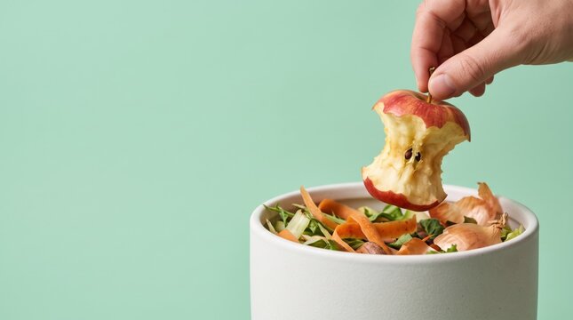 Hand holding eaten apple over bowl of kitchen scraps. Food waste management and household composting concept. Food recycling, sustainable living and zero waste practice. Copy space.