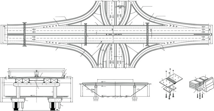 Highway Diverging Diamond Interchange Overpass Bridge Cross Section Technical CAD Vector Drawing Pack