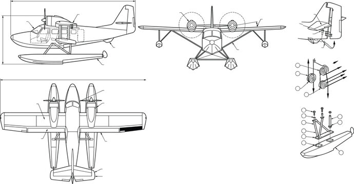 Twin Engine Seaplane Floatplane Orthographic Multi View Pontoon Strut Mount Technical CAD Vector Drawing Pack