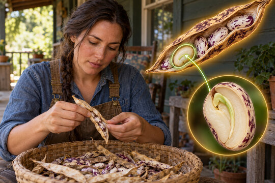 Gardener Opening Heritage Bean Pods By Hand