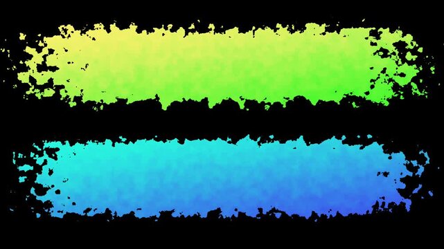 Vibrant lime green and cyan blue glowing textured brush stroke banners or lower third elements on black background