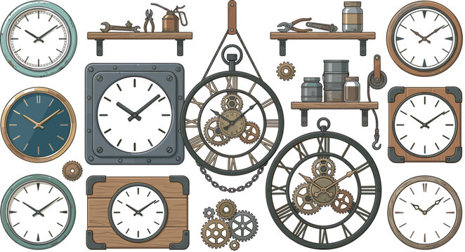 Vintage steampunk clock vector set featuring retro wall clocks industrial gears mechanism cogs wooden shelves with rustic tools icons elements for design
