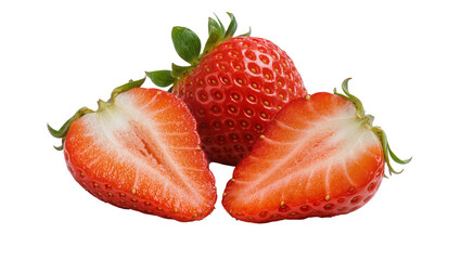 Whole and halved ripe red strawberries with green leaves, isolated on transparent background © Maria