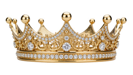 Ornate golden crown adorned with sparkling diamonds, isolated on transparent background © Maria