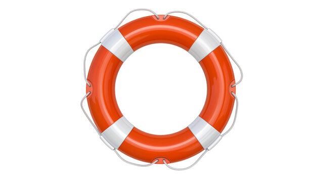 Orange life preserver ring with white stripes, isolated on transparent background
