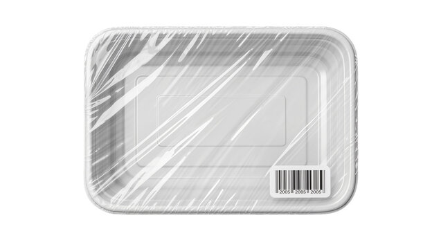 Empty white plastic food tray with barcode wrapped in clear plastic film, isolated on transparent background
