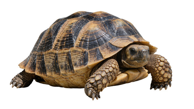 Brown and black shelled tortoise with scaly legs, isolated on transparent background