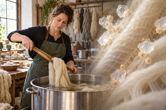 Craftsperson mordanting wool skeins