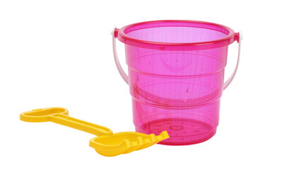 Pink collapsible plastic bucket and yellow shovel toy, isolated on transparent background © Maria