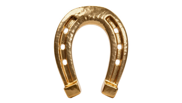 Shiny golden horseshoe with nail holes, isolated on transparent background