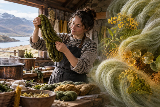 Craftsperson inspecting dyed wool yarn
