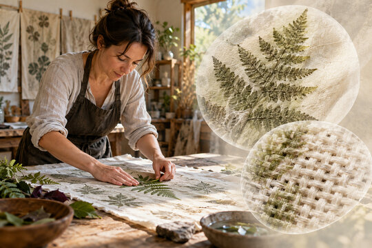 Artisan printing fern impressions on cloth