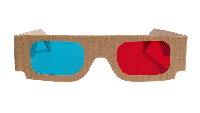 Cardboard anaglyph 3D glasses with red and cyan lenses, isolated on transparent background