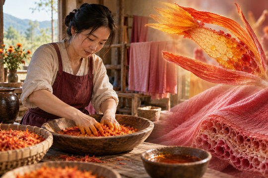 Traditional dyer preparing safflower petals
