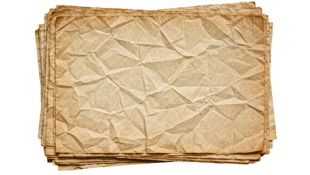 Stack of crumpled brown paper sheets, isolated on transparent background