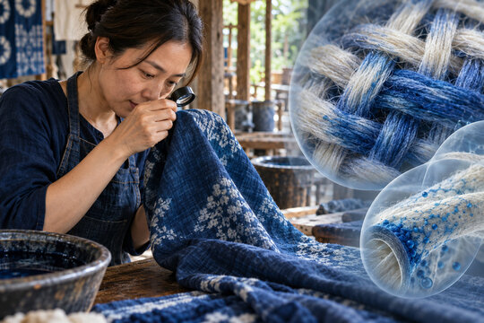 Natural dyer inspecting indigo fabric weave