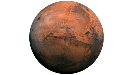 Red planet Mars with visible craters and surface details, isolated on transparent background © Maria