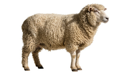 Fluffy woolly sheep standing profile, isolated on transparent background © Maria