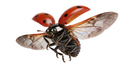 Red ladybug with black spots taking flight, isolated on transparent background © Maria