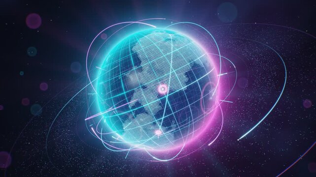 Neon grid globe rotating 3d holographic planet with dot matrix continents glowing network arcs orbital rings and particles