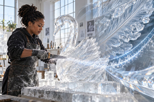 Woman Sculptor Carving a Clear Ice Swan