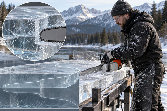 Worker Cutting a Clear Ice Slab