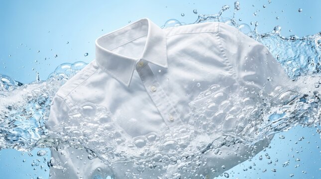 White collared shirt floats amid splashing water and bubbles against a pale blue background