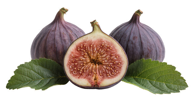 Ripe purple figs with green leaves one fig cut in half, isolated on transparent background