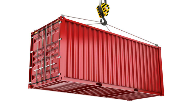 Red shipping container being lifted by crane hook, isolated on transparent background