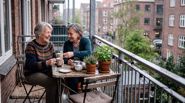 Elderly Friends Sharing Tea on a Rainy Balcony