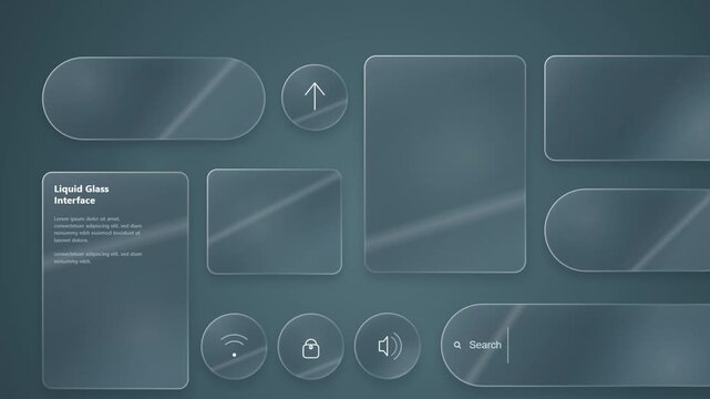 Glass-like UI elements with soft shadows and subtle reflections, showcasing a modern and clean interface design with rounded corners and various shapes arranged on a muted background.