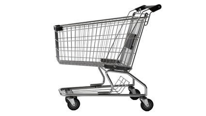 Shiny metal shopping cart with black plastic handles, isolated on transparent background © Maria