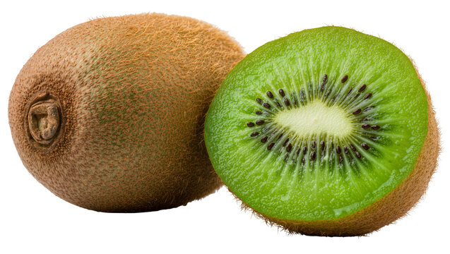 Fuzzy brown kiwi fruit one halved revealing vibrant green flesh and black seeds, isolated on transparent background