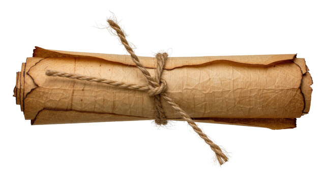 Aged parchment scroll tied with rough twine, isolated on transparent background
