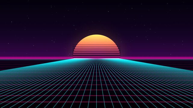 Retrowave neon landscape with repeating sun and grid pattern