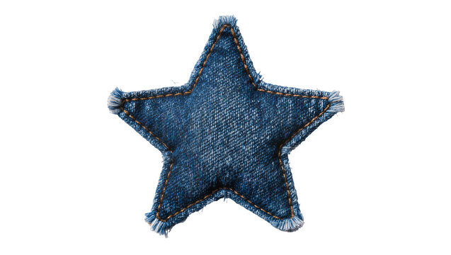 Blue denim star patch with frayed edges, isolated on transparent background