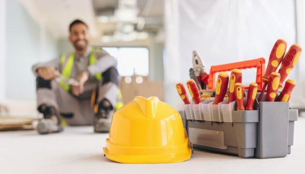 Yellow safety helmet and toolbox sit on the floor with a construction worker resting in the background