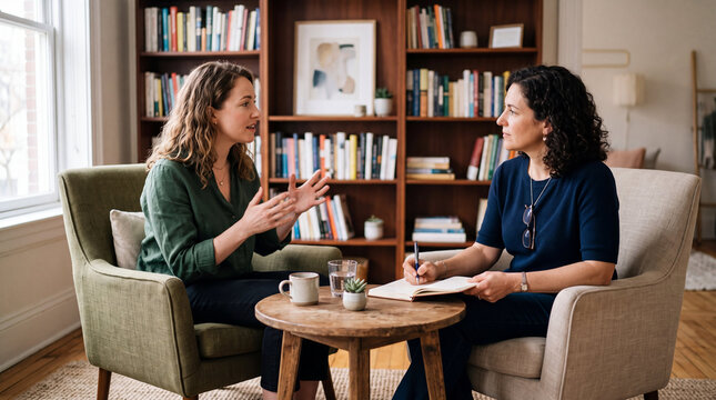 Psychologist taking notes during client conversation