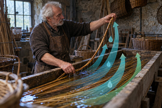 Craftsman Soaking Willow Rods for Weaving