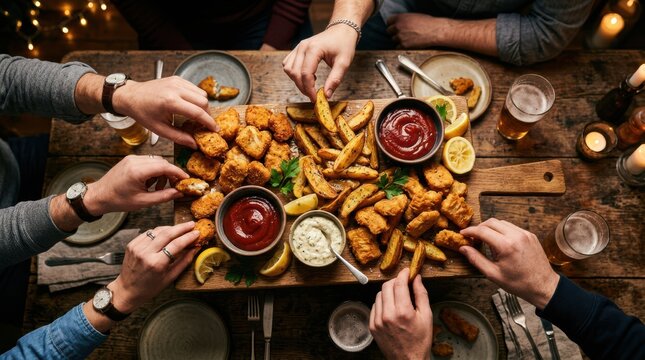 Diners reach for breaded nuggets and potato wedges on a shared serving board at a rustic wooden table