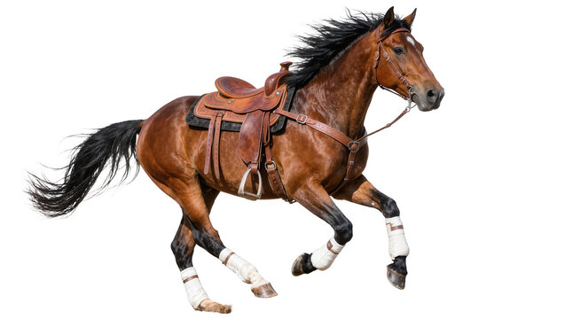 Brown horse with western saddle and leg wraps, isolated on transparent background
