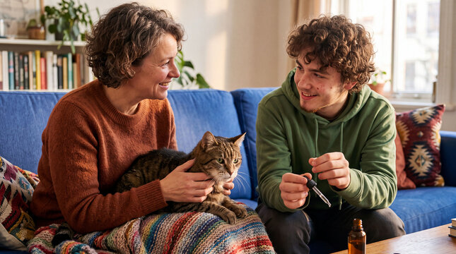 Family Giving Medicine to an Elderly Cat