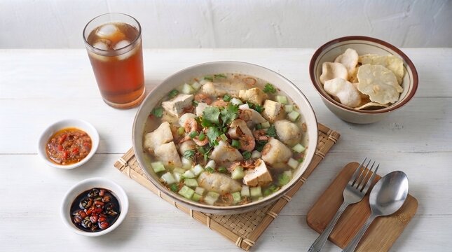Traditional Indonesian tekwan model, Palembang fish cake soup with tofu, cucumber, ebi shrimp, sambal, and iced tea on a white table.