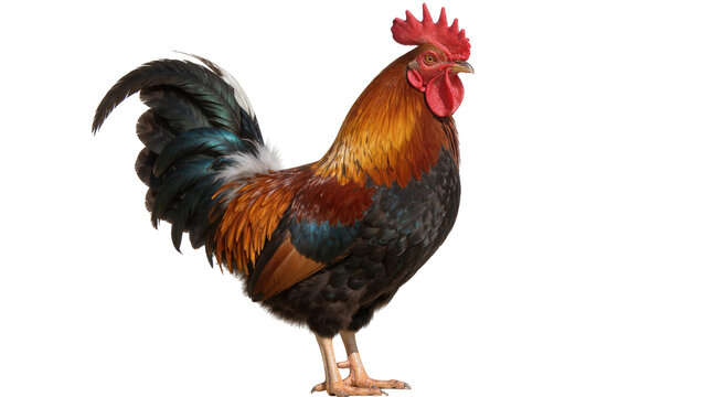 Colorful rooster with red comb and black tail feathers, isolated on transparent background