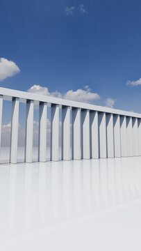 Minimalist architectural colonnade with reflective floor and blue sky for modern product mockups