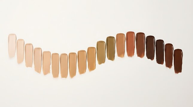 Set of liquid foundation makeup swatches showing a range of skin tones from light to dark shades. skintone palette