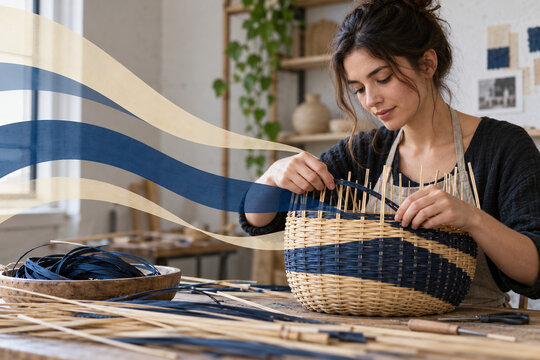 Woman Weaving an Indigo and Reed Basket
