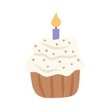 Birthday Cupcake with Burning Candle and Sprinkles for Celebration Invitations Greeting Cards and Bakery Branding