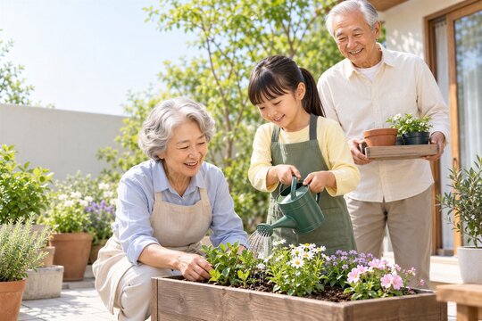 祖父母と花の水やりを楽しむ日本人の孫娘